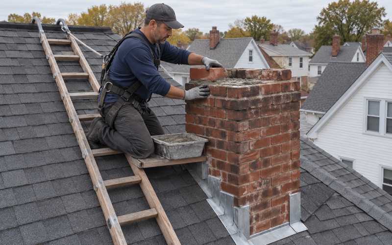 A roofer relaying the top brick courses of a chimney on a Bayonne two-family house.