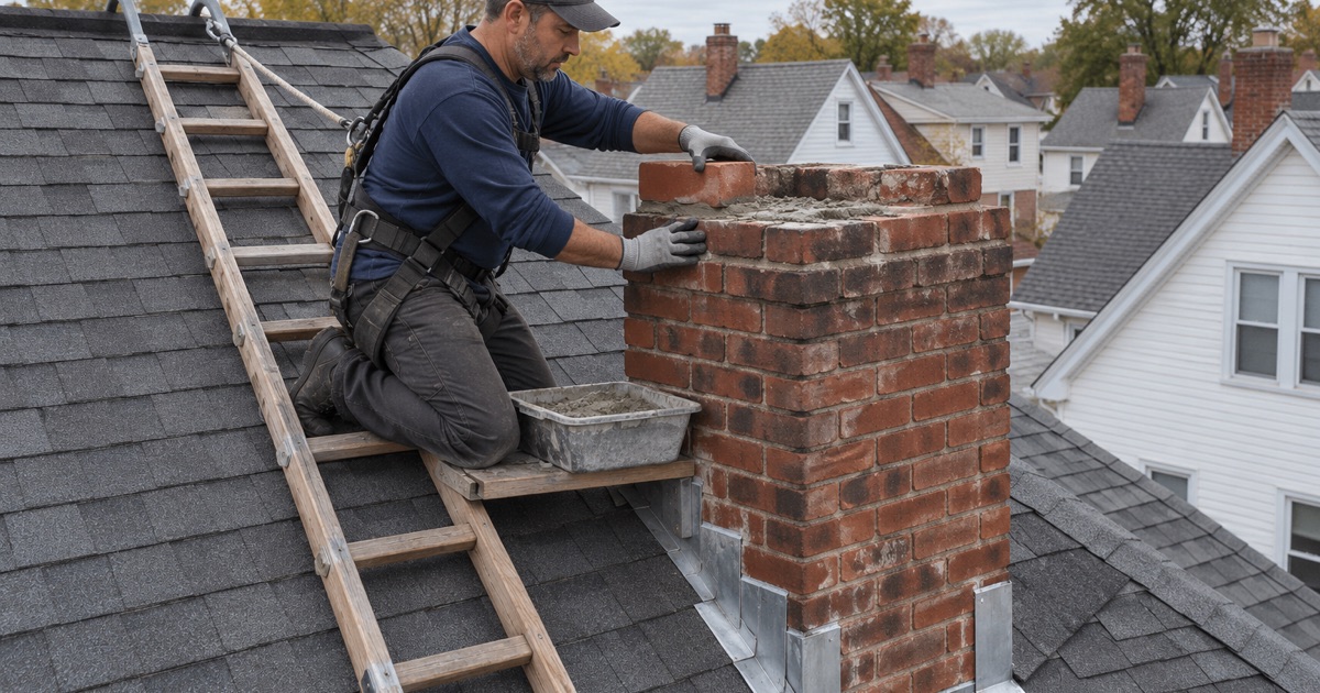 A roofer relaying the top brick courses of a chimney on a Bayonne two-family house.
