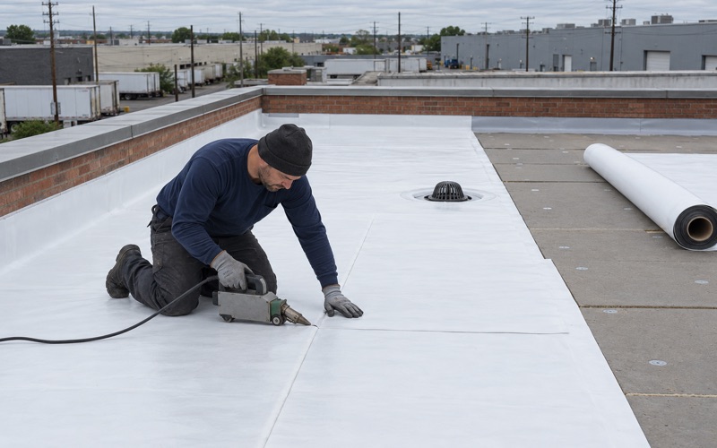 A new white membrane roof being welded on a low brick industrial building in Bayonne.
