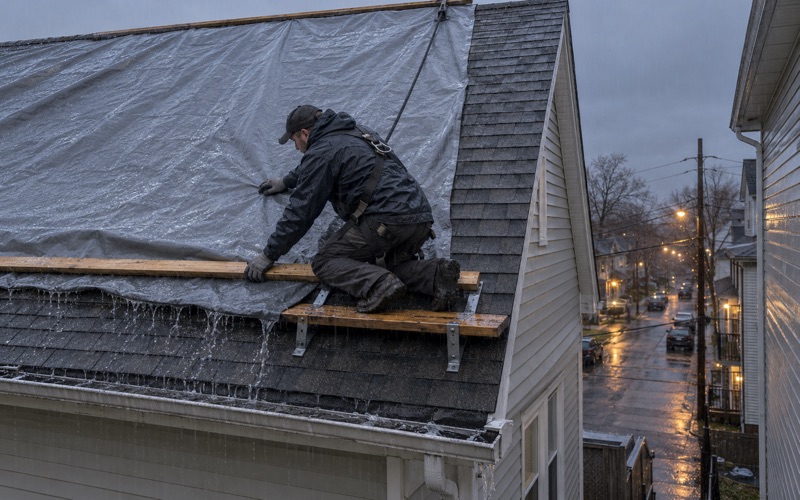 A heavy tarp wrapped round battens over the ridge of a Bayonne two-family during a rainstorm, after a section of roof failed.