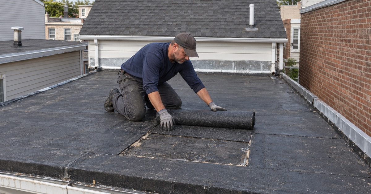 A new cap sheet patch going down over a cracked blister on a Bayonne two-family’s flat rear roof.