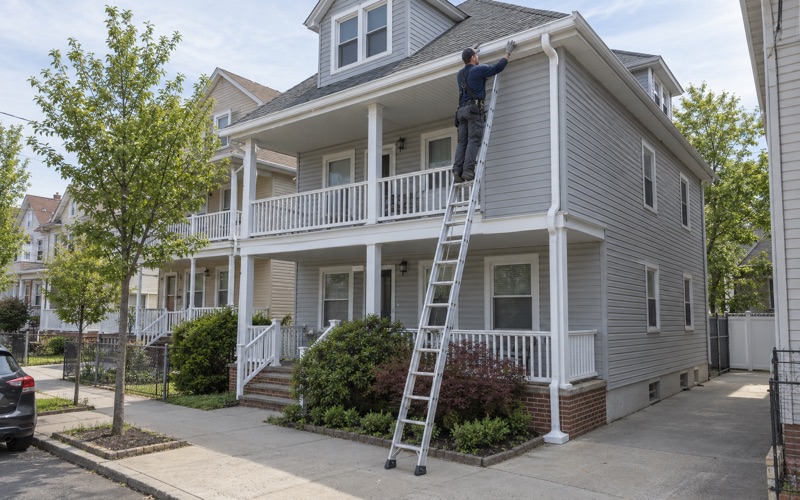 A new seamless aluminum gutter fitted along the eave of a Bayonne two-family from a ladder.