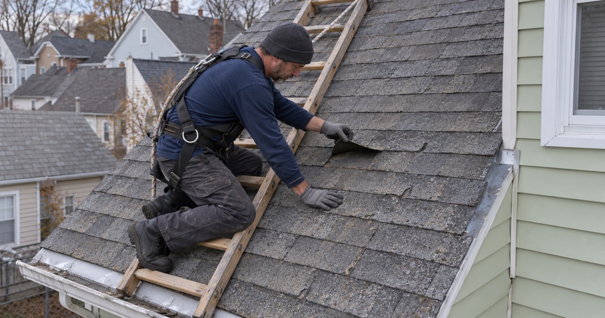 A roofer on a roof ladder lifting a loose shingle tab to check its seal on an older Bayonne two-family roof.