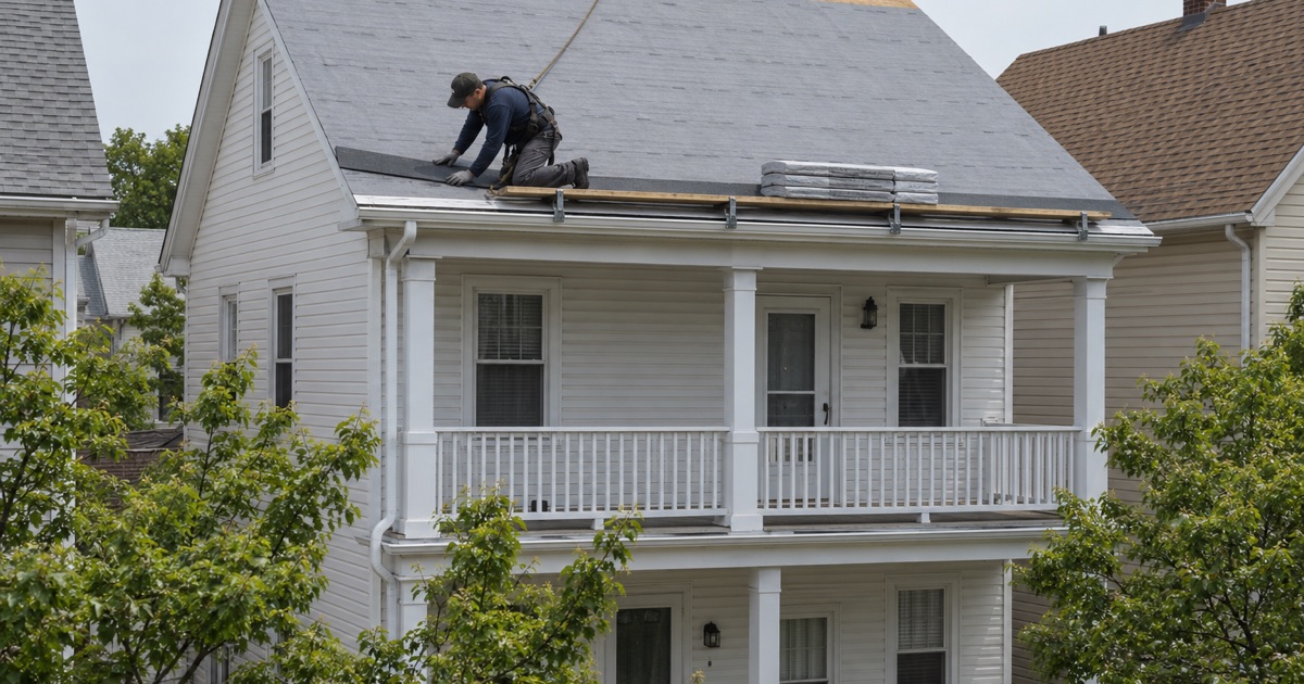 The starter course going down along a new drip edge as a full roof replacement begins on a Bayonne two-family.