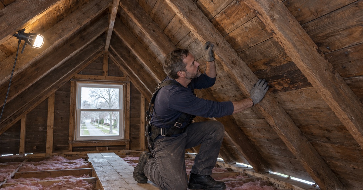 Reading the rafters and old board sheathing in the attic of an older Dumont house before a re-roof is priced.