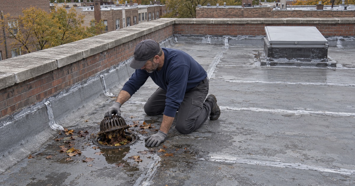 Clearing the roof drain on the flat roof of an older East Rutherford apartment building