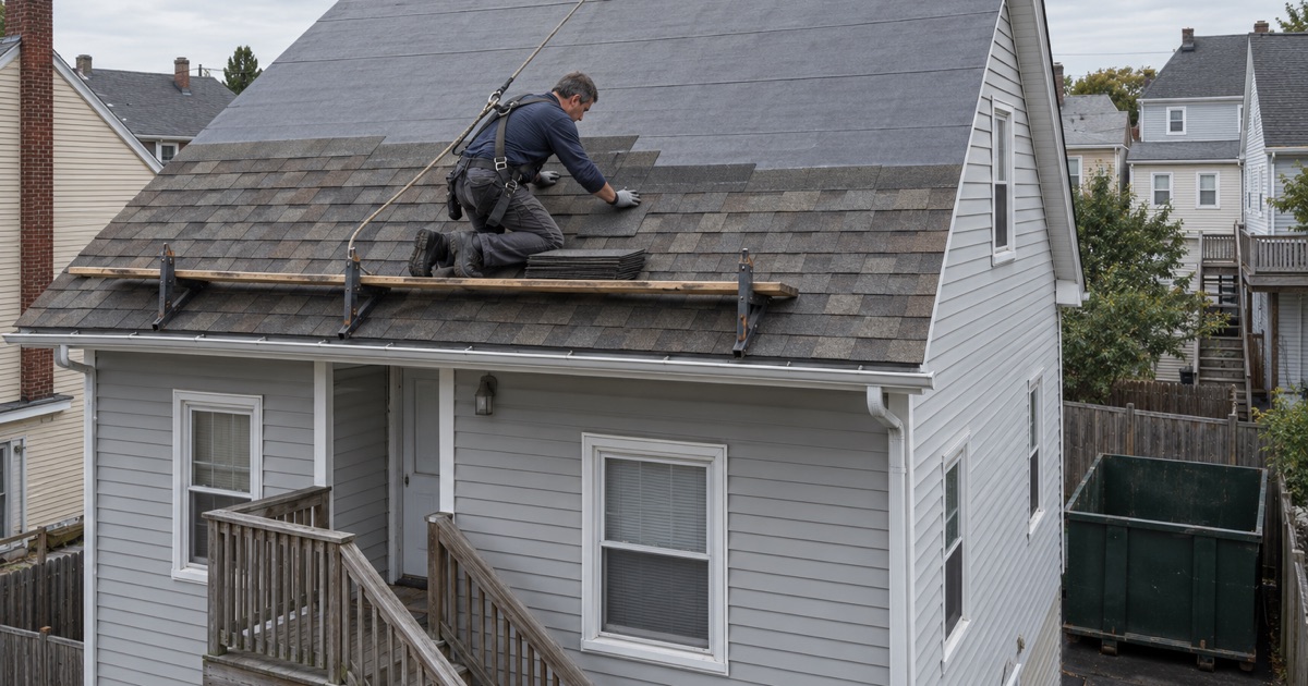 A dense-block Fairview two-family re-roofed with the container kept in the driveway rather than on the street
