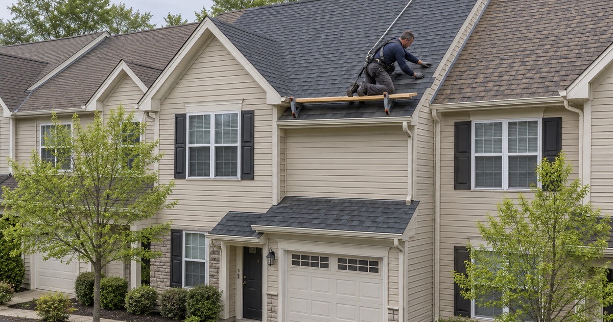 New shingles on one Florham Park townhouse roof, matched to the neighbors at the party wall