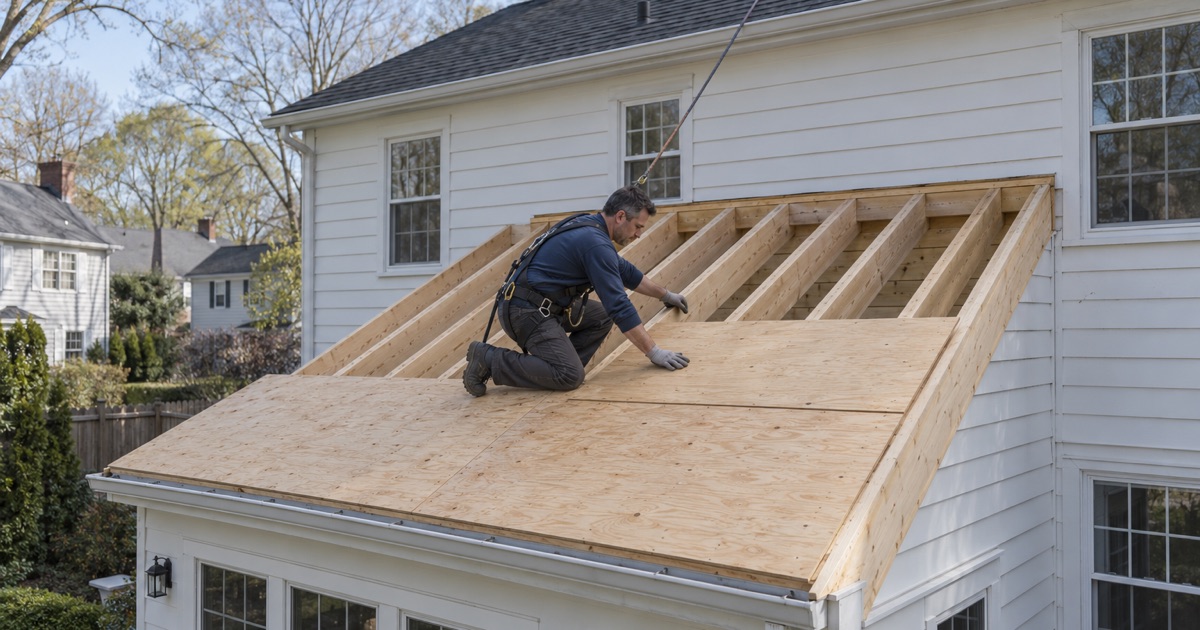 A low rear roof on a Glen Rock colonial reframed to a steeper pitch, new rafters running up to a new ridge.