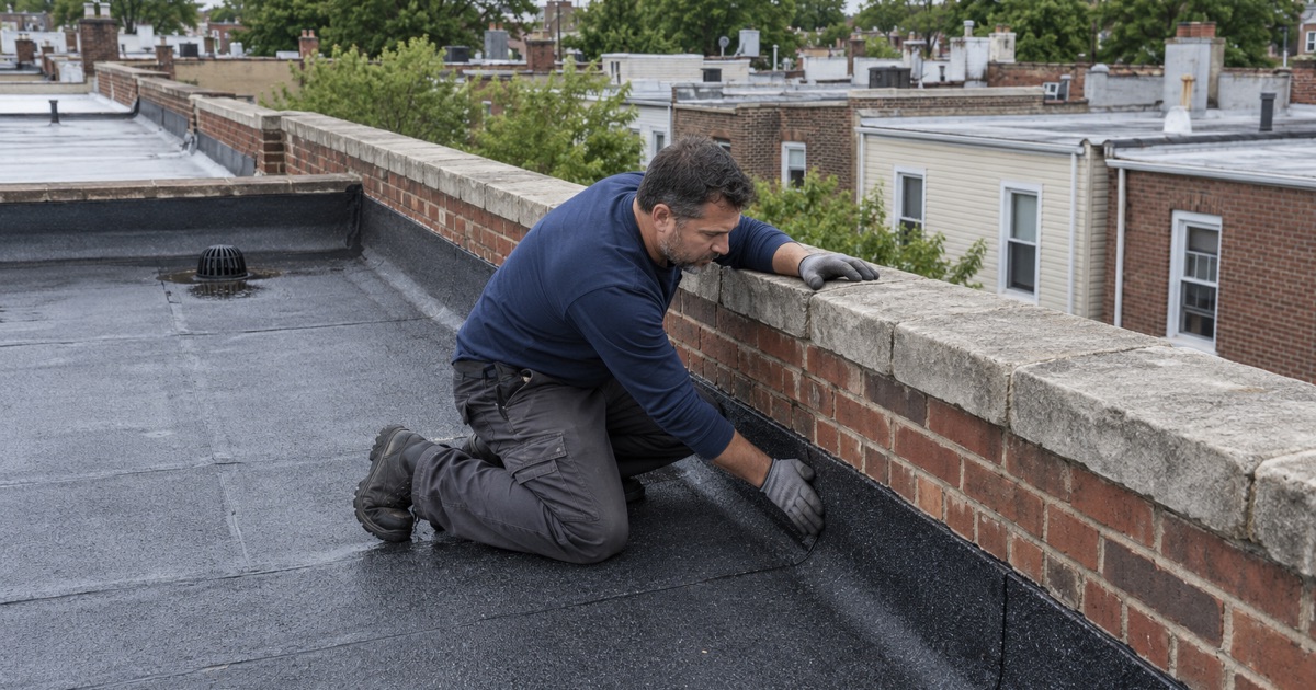 The parapet between two row-house roofs in Guttenberg, flashed where one owner’s roof meets the neighbor’s.