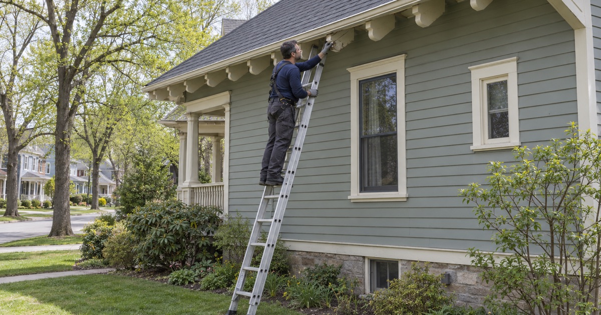 Checking a weathered rafter tail under the open eave of an older Maywood house during a re-roof.