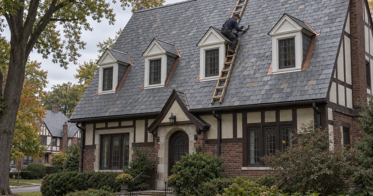 A replacement slate fitted below a pedimented dormer on the steep slate gable of a Tudor Revival house in Metuchen.