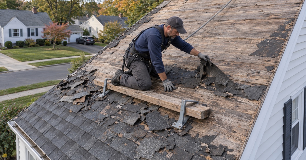 Two old shingle layers stripped to the board deck on a postwar Middlesex house