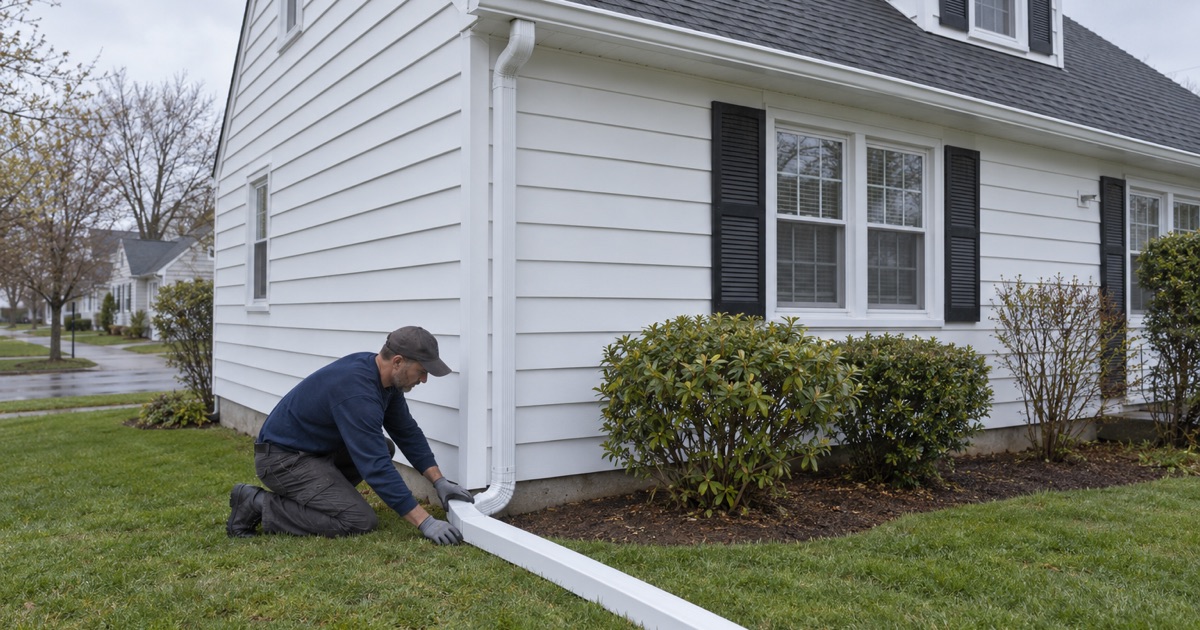 A leader extension carrying roof water away from the house across a level lawn in New Milford.