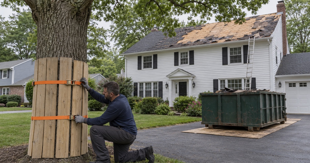 A tree trunk guarded with planks beside the driveway during a roof tear-off in New Providence.