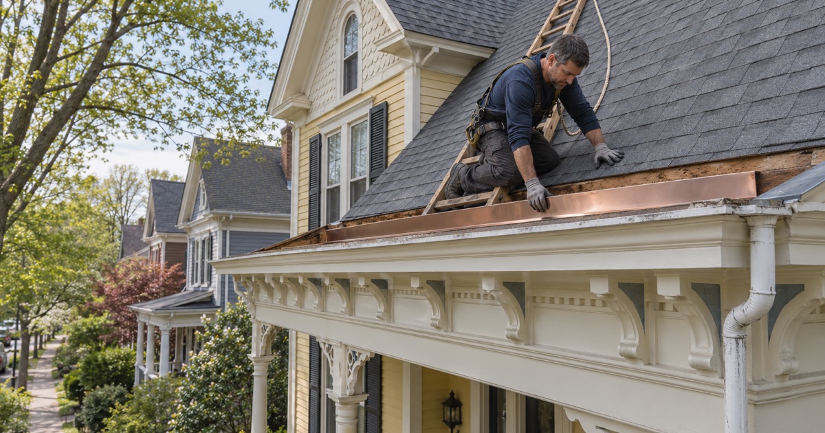 A new liner going into the built-in box gutter of a Victorian cornice on a Red Bank house.