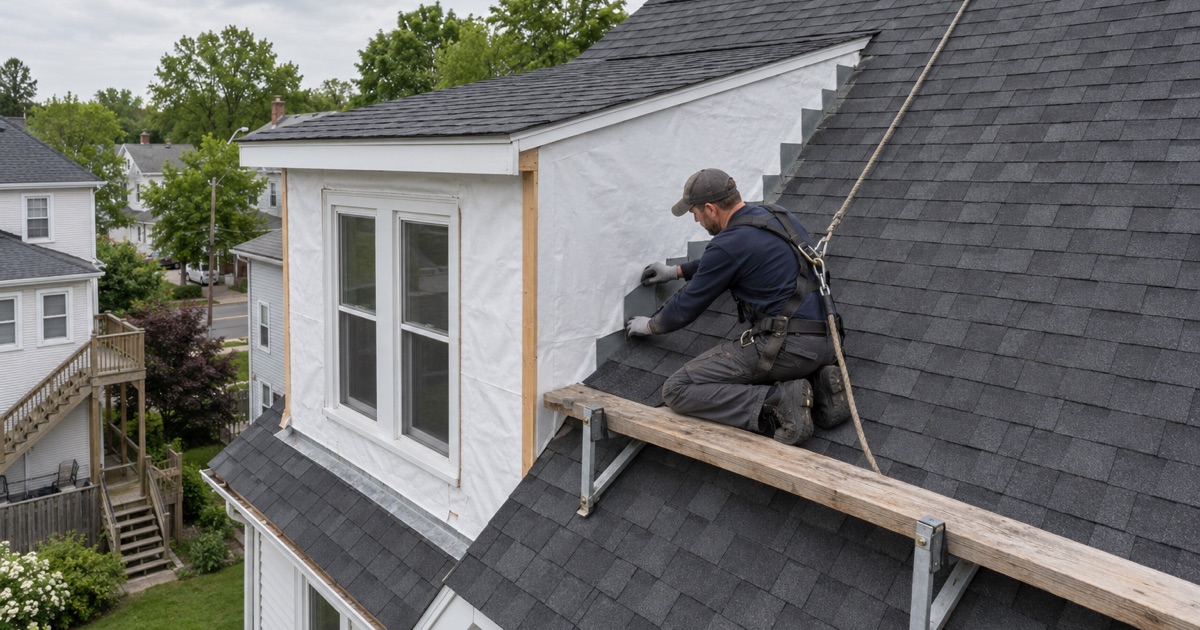Step flashing woven up the side of a new shed dormer on the rear slope of a Ridgefield two-family house.