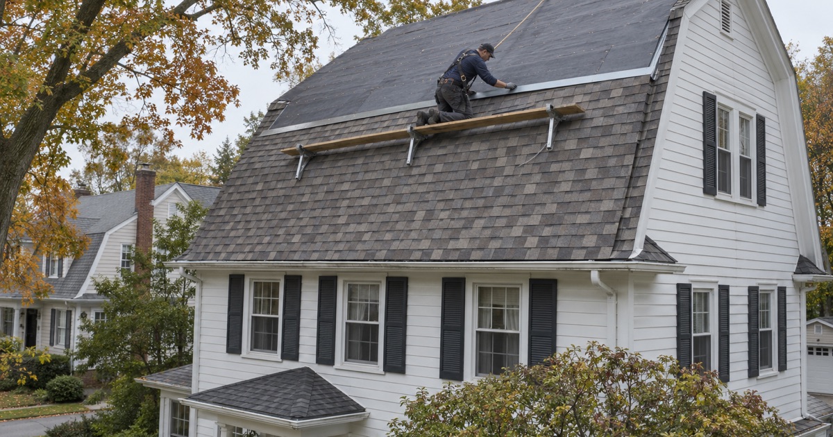 New shingles worked up to the break of a gambrel roof on a Dutch Colonial house in River Edge.
