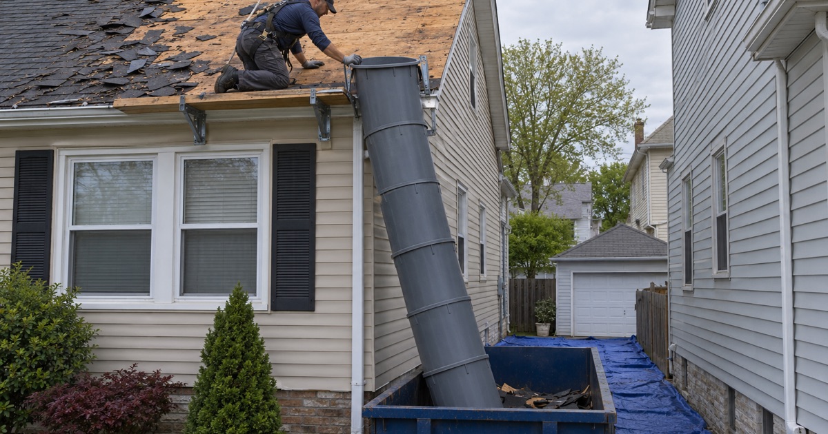 A debris chute running down a six-foot side yard to a driveway container during a tear-off in Roselle Park.