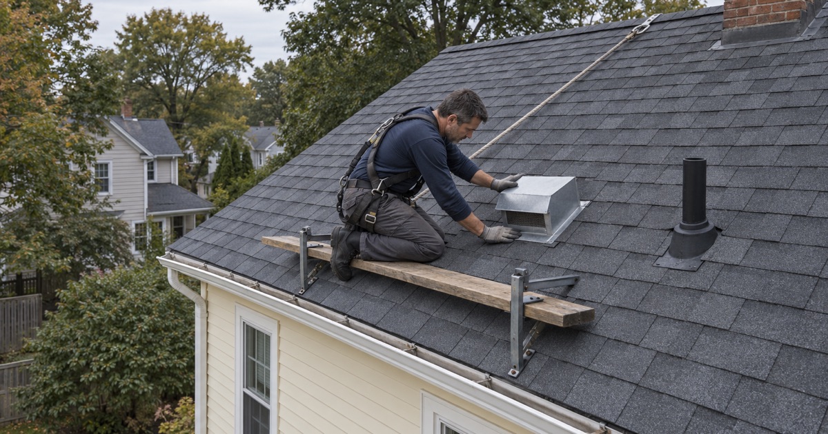 New shingles flashed around a roof vent hood on an older Rutherford house during a re-roof.