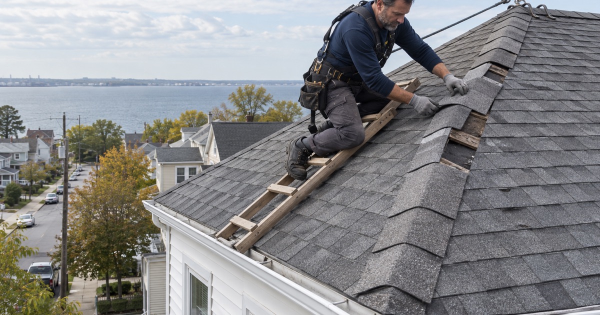 A hip cap refastened on a prewar frame house a block from Raritan Bay in South Amboy.