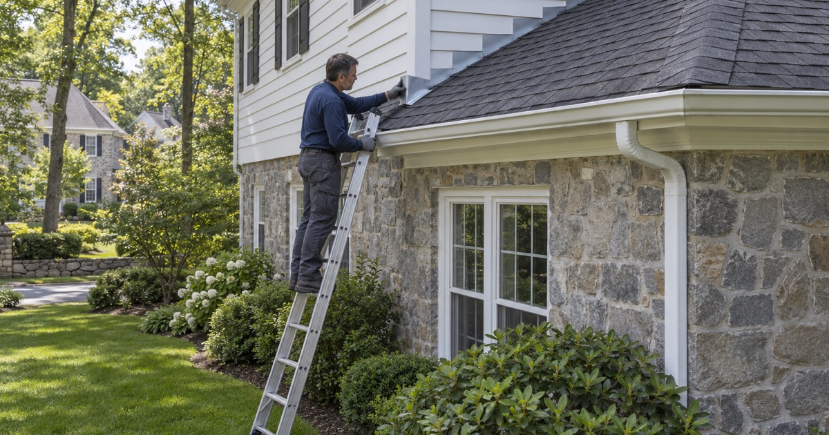 Checking the kickout flashing where a newer Tenafly house’s roof meets a sidewall above the gutter.