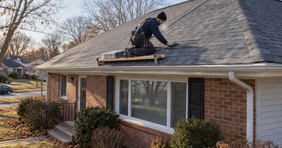 A roofer pressing cold-weather shingle tabs down by hand on a Totowa ranch on a late-autumn afternoon.