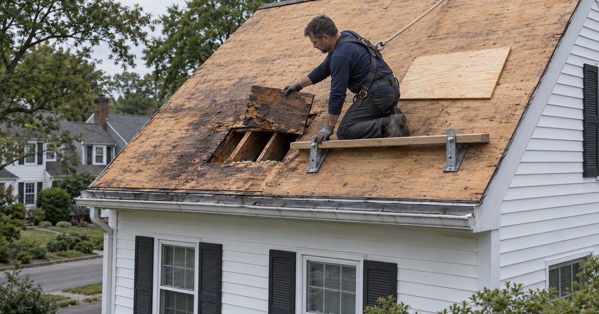 A soft section of roof sheathing cut out at tear-off on a Westwood house, new plywood ready to go in.