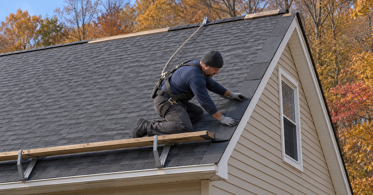 Starter shingles fastened along the rake edge of an exposed house on Woodland Park’s upper streets, wooded slope behind.