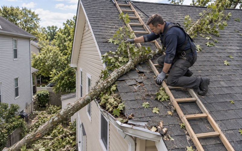 A fallen street-tree limb resting on the rear slope of a Bayonne two-family after a windstorm, damage being checked.